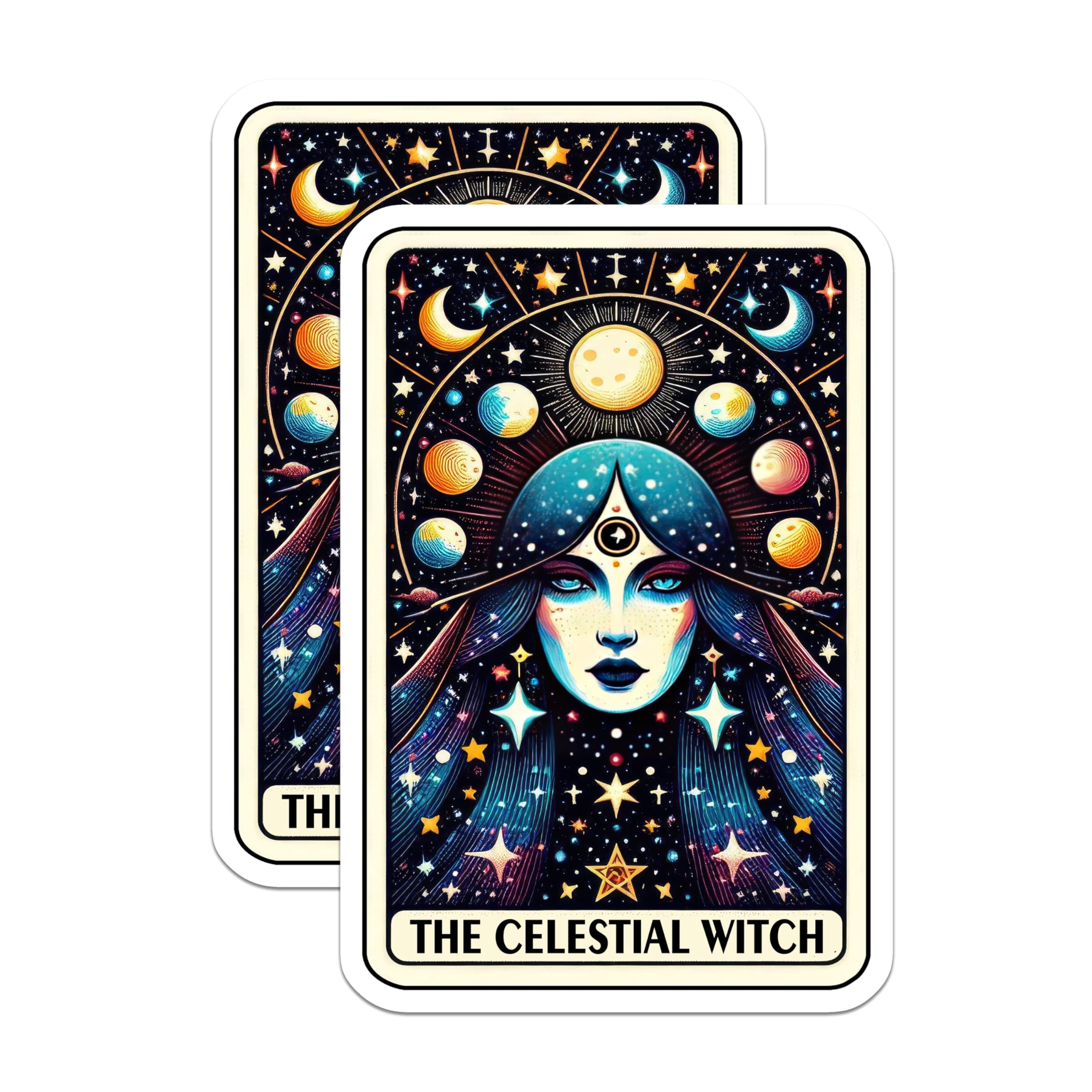 (2 Pack) Celestial Witch Stickers - Cosmic Witch Art Stickers - Mystical Wiccan Stickers - Fantasy Astrology Stickers - 5" On Longest Side - Sticks to Smooth Flat Surfaces - Made in USA - BMCS5366