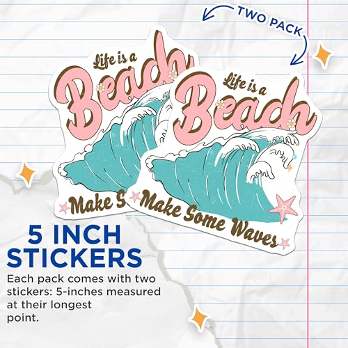 (2 Pack) Life is a Beach Stickers - Make Some Waves Decal - Ocean Beach Vibes Sticker - 5" On Longest Side - Sticks to Smooth Flat Surfaces - Made in USA - BMCS6234