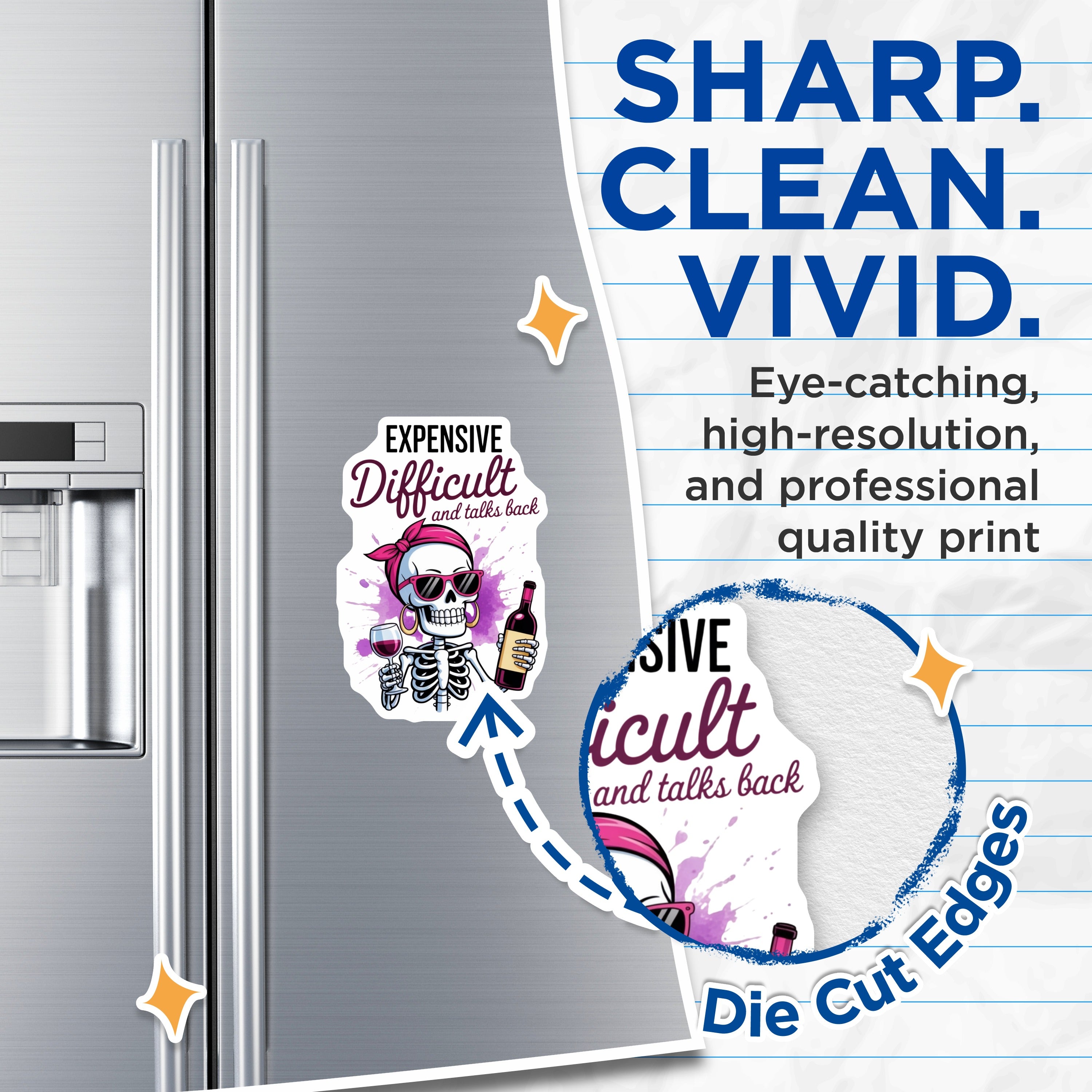 (2 Pack) Sassy Skeleton Magnets - Expensive Difficult Talks Back Humor - Wine Lover Fridge Accessory - 5 Inches On Longest Side - Thick Durable Magnet - Made in USA - MAG37239