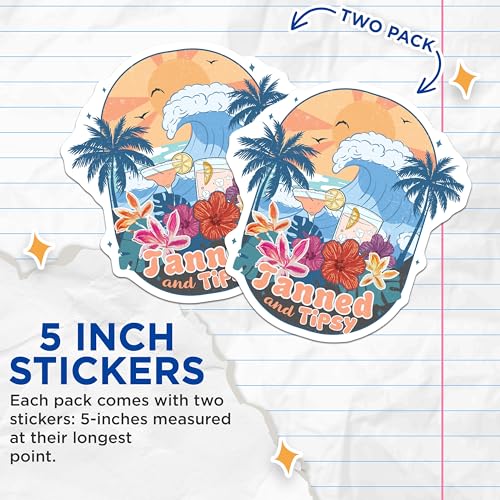(2 Pack) Tanned and Tipsy Stickers - Tropical Design - Beach Vacation - Summer Vibes - 5" On Longest Side - Sticks to Smooth Flat Surfaces - Made in USA - BMCS7122