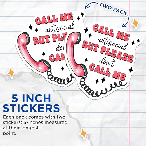 (2 Pack) Call Me Antisocial Stickers - Funny Phone Quote Decal - Don't Call Me - 5" On Longest Side - Sticks to Smooth Flat Surfaces - Made in USA - BMCS7513
