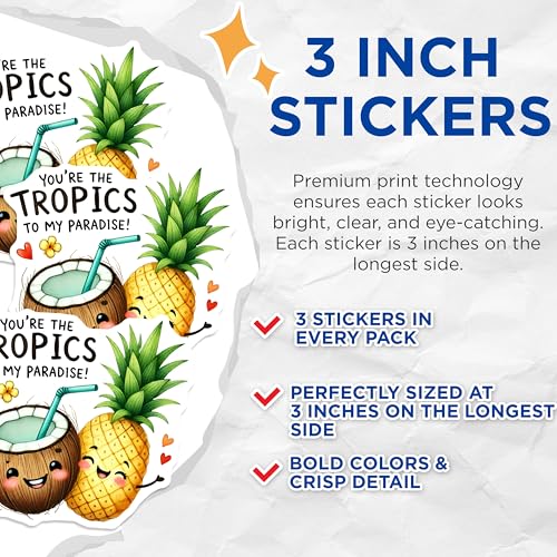 (3 Pack) Tropics to Paradise Decals - Cute Pineapple Coconut - Tropical Love Decor - 3 Inches On Longest Side - Easy Peel & Apply - Made in USA - 3MCS4831