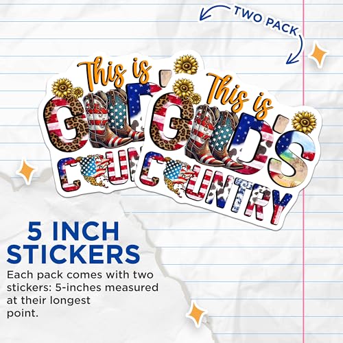 (2 Pack) This is Gods Country Stickers - Patriotic Western Boots - Sunflower Cow Print - 5" On Longest Side - Sticks to Smooth Flat Surfaces - Made in USA - BMCS7878