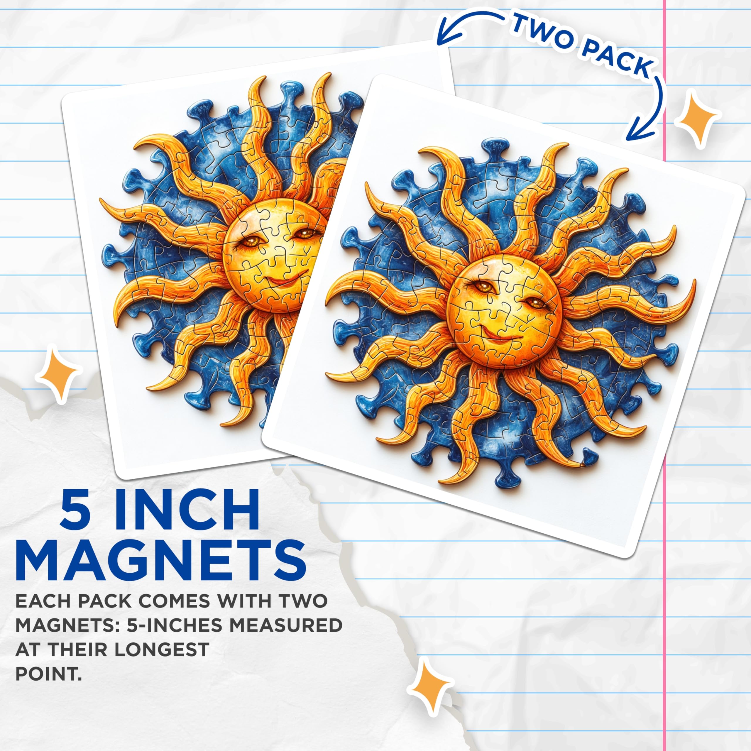 (2 Pack) Sun Puzzle Magnets - Celestial Fridge Decor - Bohemian Art Kitchen - 5 Inches On Longest Side - Thick Durable Magnet - Made in USA - MAG30383
