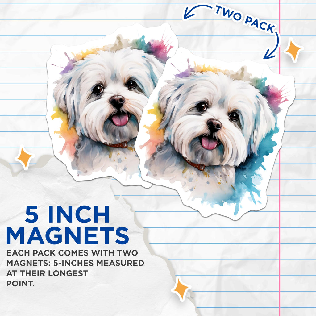 (2 Pack) Maltese Dog Magnets - Watercolor Pet Portrait - Cute Puppy Fridge Art - 5 Inches On Longest Side - Thick Durable Magnet - Made in USA - MAG29388