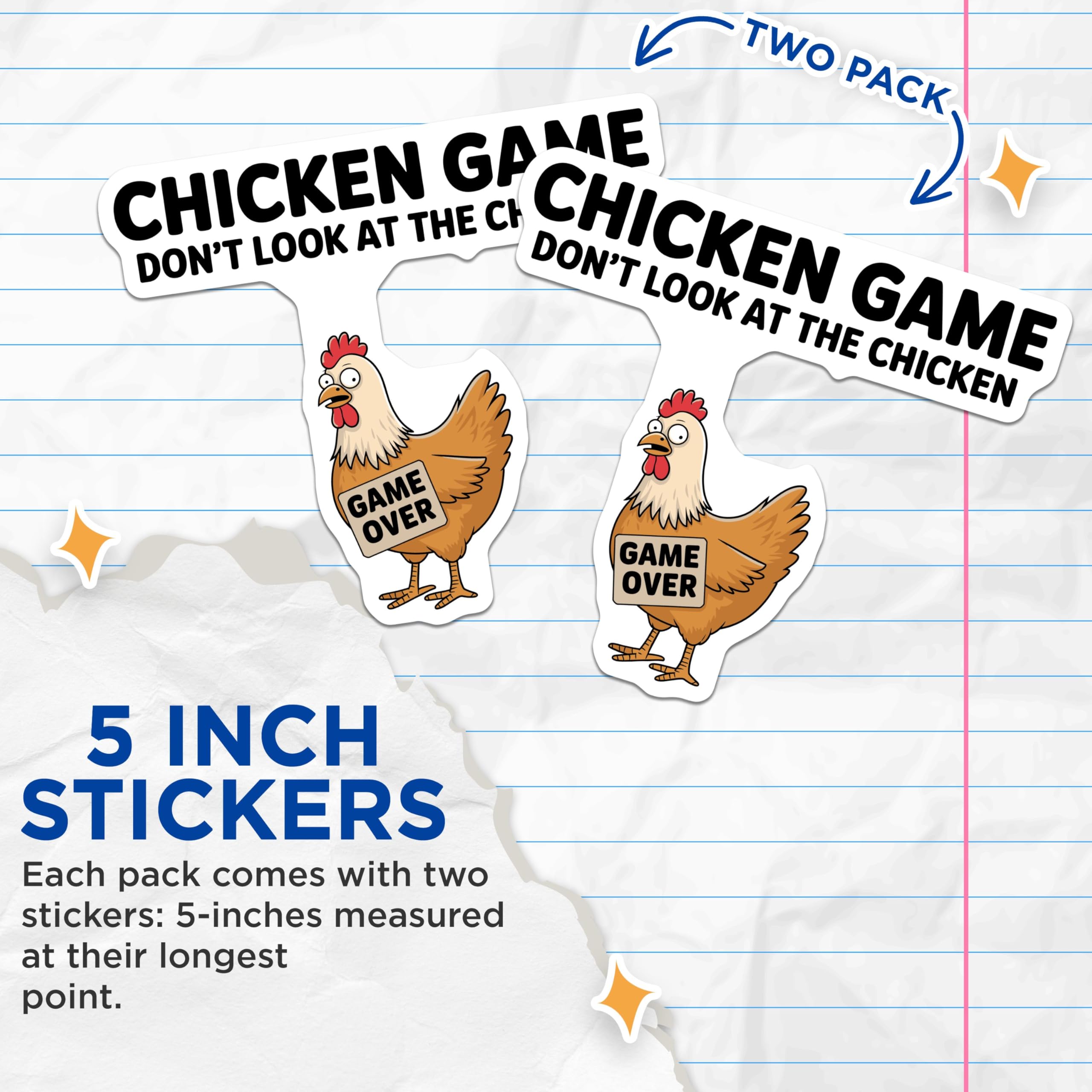 (2 Pack) Funny Chicken Game Stickers - Don't Look at The Chicken - Game Over Stickers - 5" On Longest Side - Sticks to Smooth Flat Surfaces - Made in USA - BMCS5599