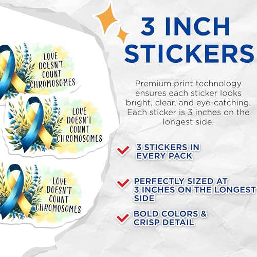 (3 Pack) Down Syndrome Awareness Decals - Love Doesn't Count Chromosomes - Ribbon and Floral Laptop Decal - 3 Inches On Longest Side - Easy Peel & Apply - Made in USA - 3MCS6964