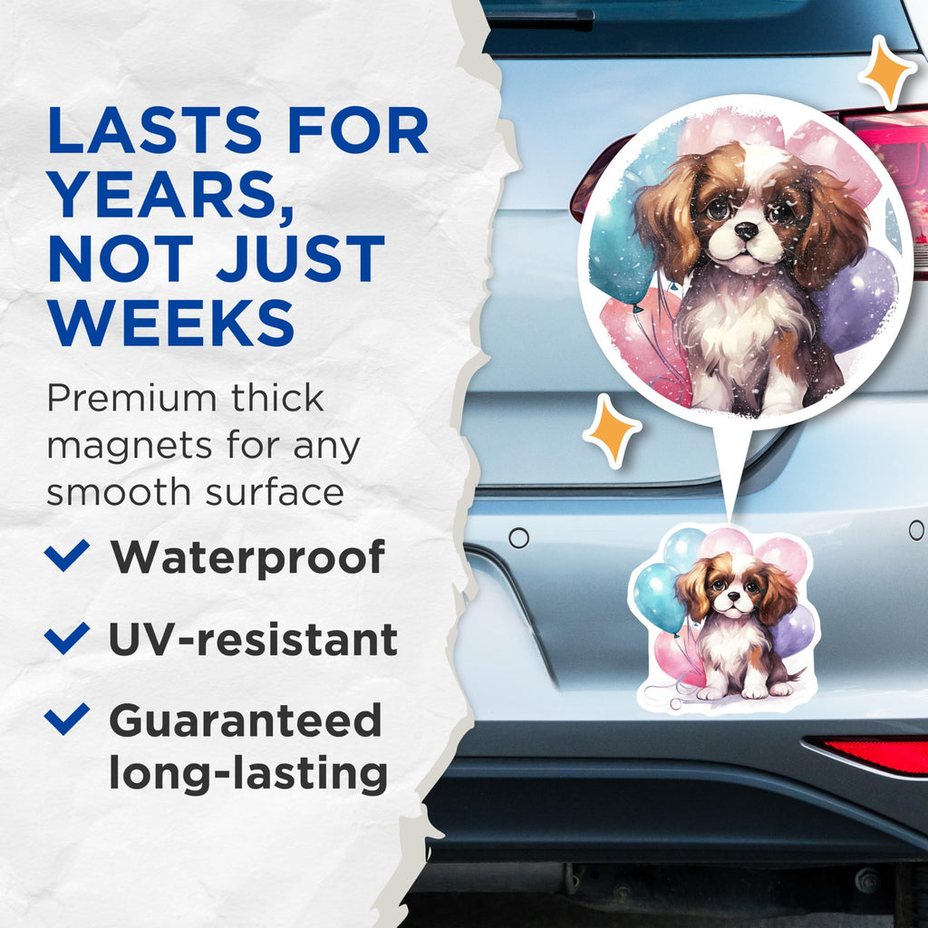 (2 Pack) Cavalier Dog Magnets - Puppy Balloons Illustration - Fridge Decor - 5" On Longest Side - Premium Magnet - for Cars, Refrigerators, Toolboxes, Lockers - Made in USA - MAG16496