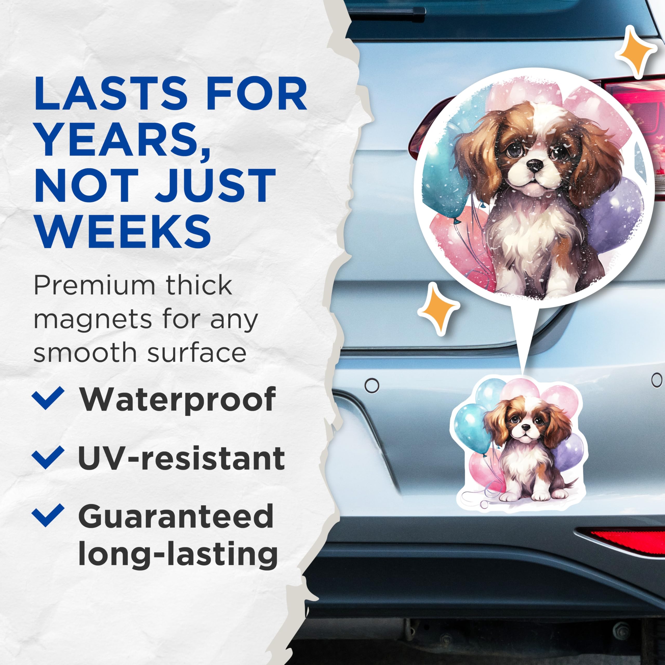 (2 Pack) Cavalier Dog Magnets - Puppy Balloons Illustration - Fridge Decor - 5" On Longest Side - Premium Magnet - for Cars, Refrigerators, Toolboxes, Lockers - Made in USA - MAG16496