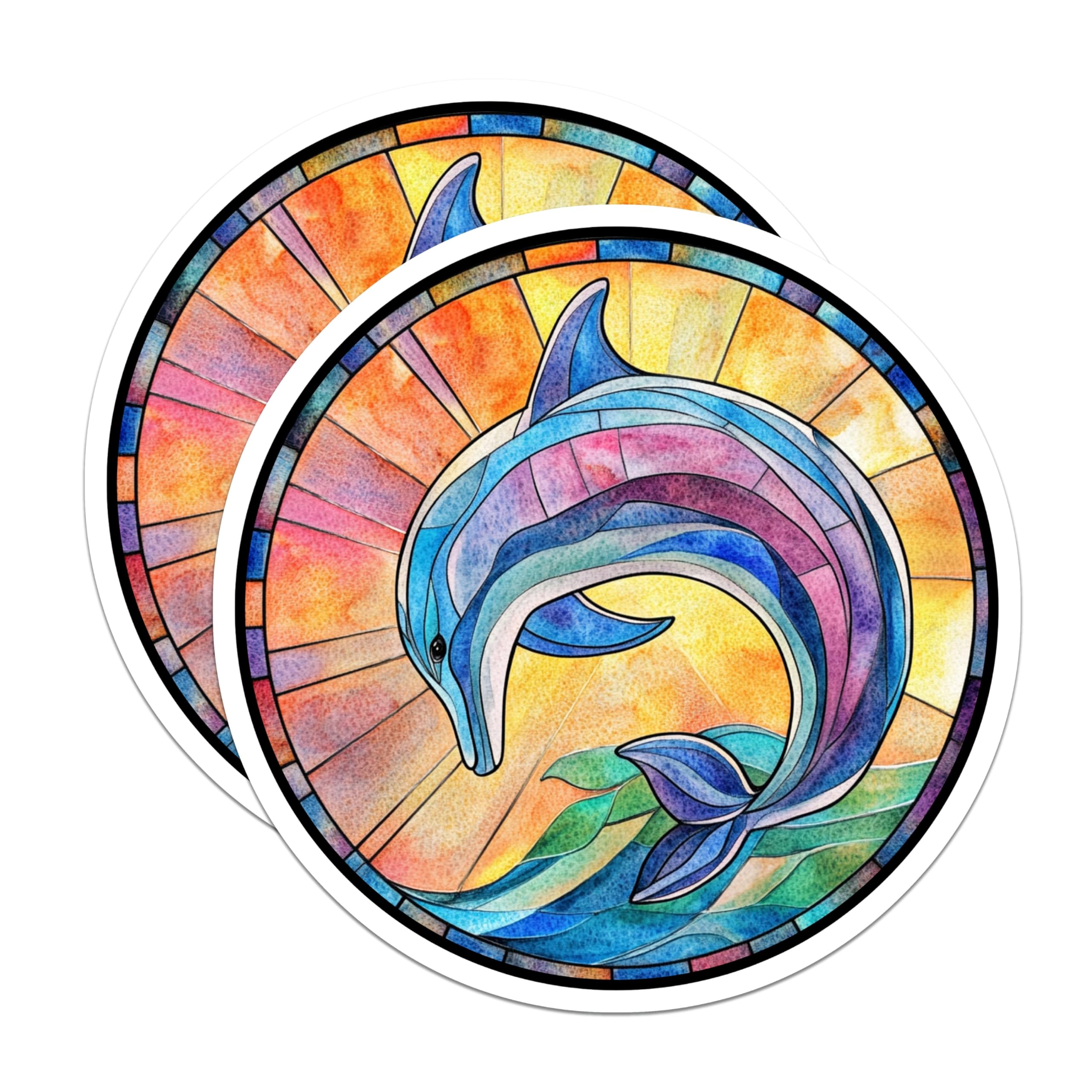 (2 Pack) Stained Glass Dolphin Magnets - Ocean Animal Decor - Vibrant Coastal Kitchen Accent - 5 Inches On Longest Side - Thick Durable Magnet - Made in USA - MAG29385