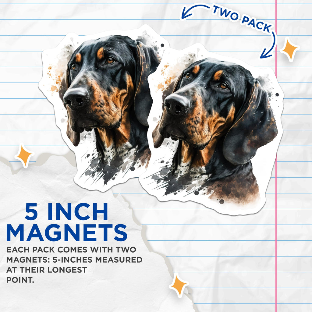 (2 Pack) Black and Tan Coonhound Magnets - Watercolor Dog Art - Pet Lover Home Accent - 5 Inches On Longest Side - Thick Durable Magnet - Made in USA - MAG29468