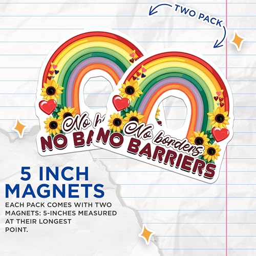 (2 Pack) No Borders No Barriers Magnets Magnets - Sunflower Rainbow Magnet - Inclusion Magnet - 5" On Longest Side - Made in USA - Sticks to Refrigerators & Metal Surfaces - MAG9195