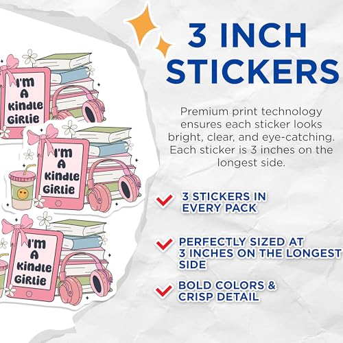 (3 Pack) Kindle Girlie Decals - Book Lover - Laptop Decals - Aesthetic Sticker- 3 Inches On Longest Side - Easy Peel & Apply - Made in USA - 3MCS5189