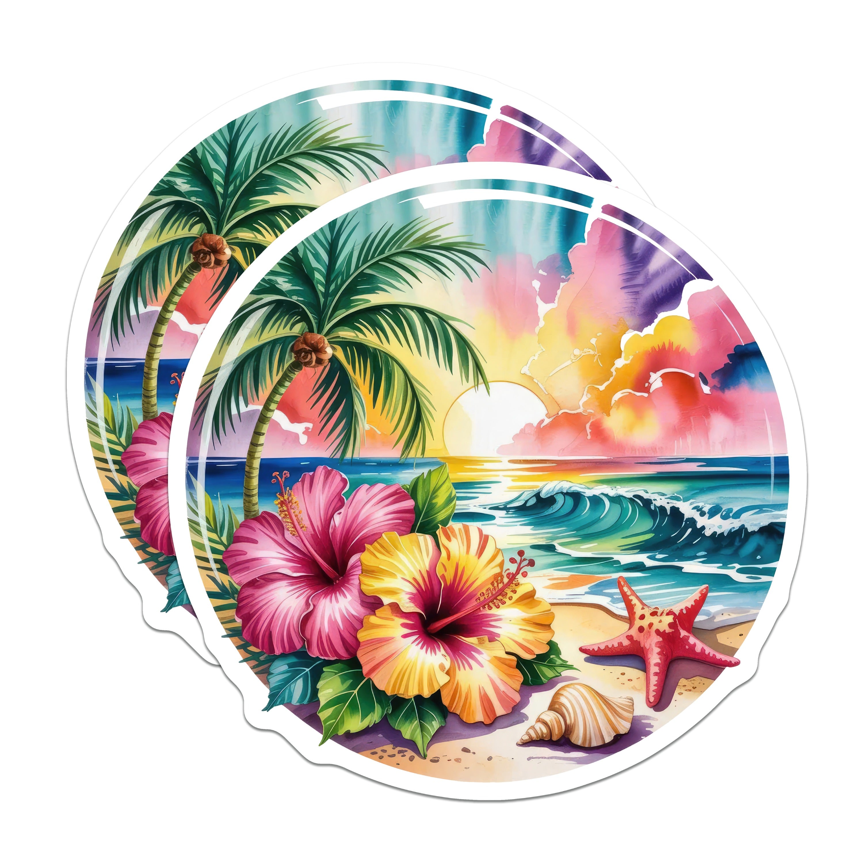 (2 Pack) Tropical Beach Magnets - Watercolor Ocean Scene - Hibiscus Palm Tree Decor - 5 Inches On Longest Side - Thick Durable Magnet - Made in USA - MAG37771