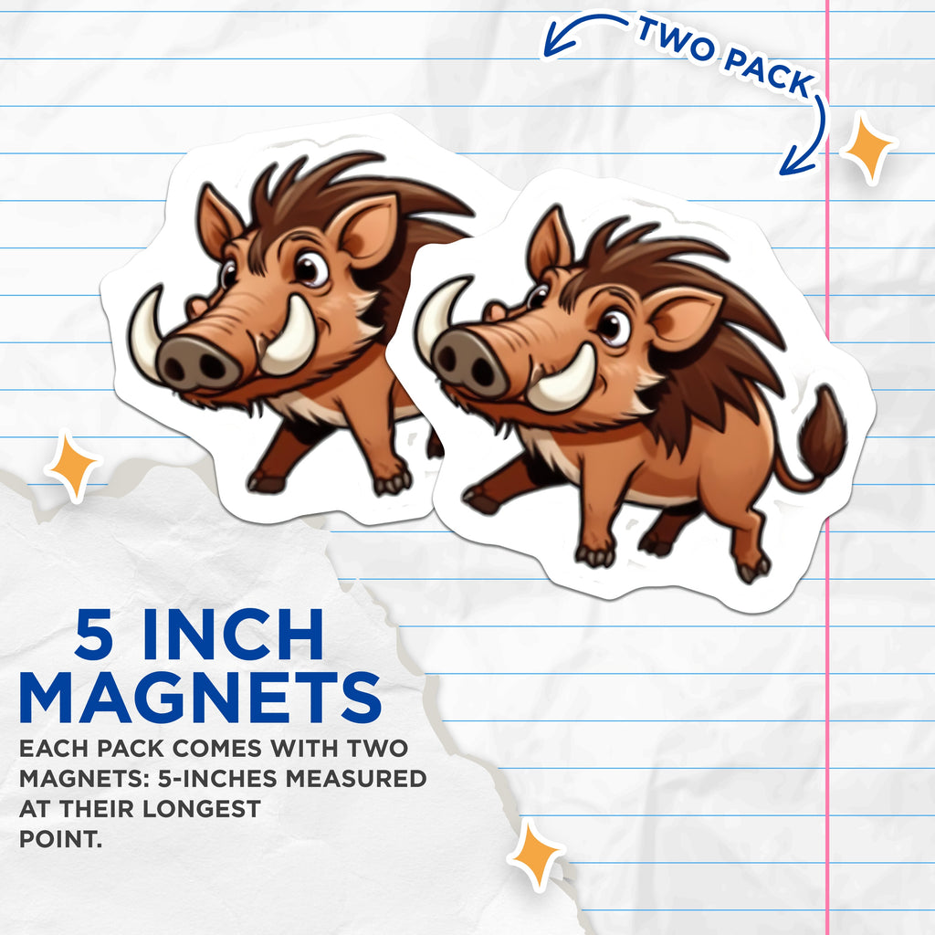 (2 Pack) Cute Cartoon Warthog Magnets - Safari Animal Decor - Wild Pig Refrigerator Art - Playful Wildlife Kitchen Locker Accent - 5" - Thick Durable Magnet - Made in USA - MAG39878