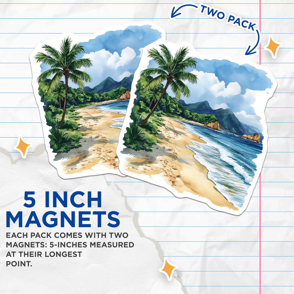 (2 Pack) Tropical Beach Magnets - Serene Coastal Ocean Decor - Watercolor Island Landscape Vacation Magnets - 5 Inches On Longest Side - Thick Durable Magnet - Made in USA - MAG28921