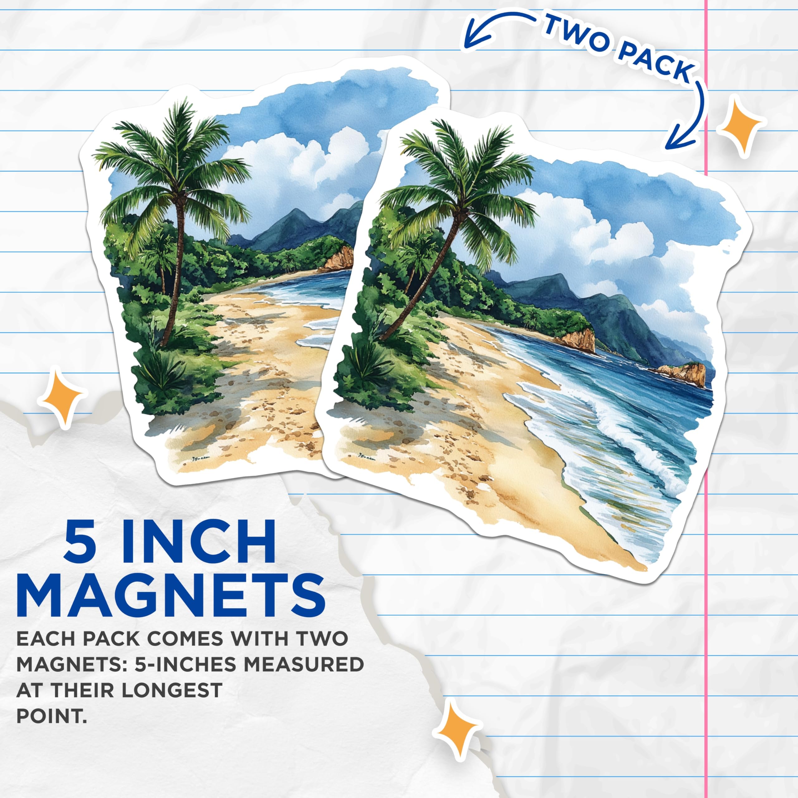 (2 Pack) Tropical Beach Magnets - Serene Coastal Ocean Decor - Watercolor Island Landscape Vacation Magnets - 5 Inches On Longest Side - Thick Durable Magnet - Made in USA - MAG28921