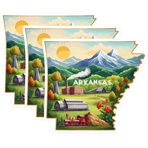 (3 Pack) Arkansas Decals - State Travel - Retro Illustration - 3 Inches On Longest Side - Easy Peel & Apply - Made in USA - 3MCS0126