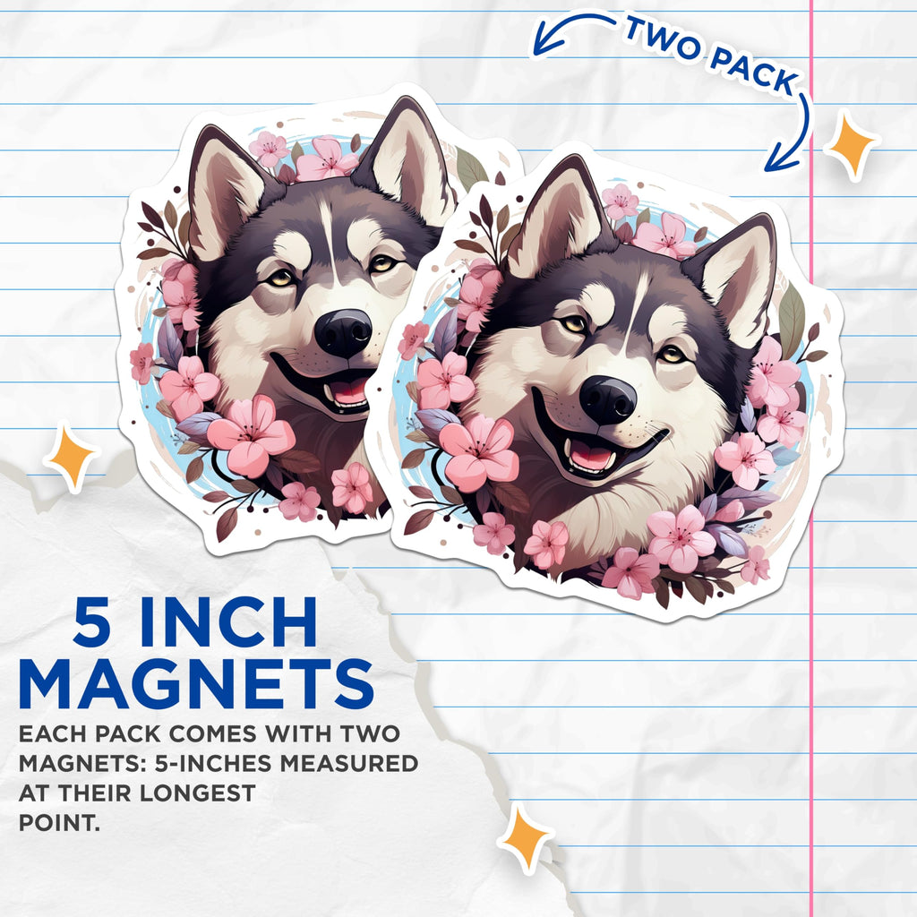 (2 Pack) Siberian Husky Magnets - Smiling Dog Floral Art - Cherry Blossom Pet Lover Decor - 5 Inches On Longest Side - Thick Durable Magnet - Made in USA - MAG24938
