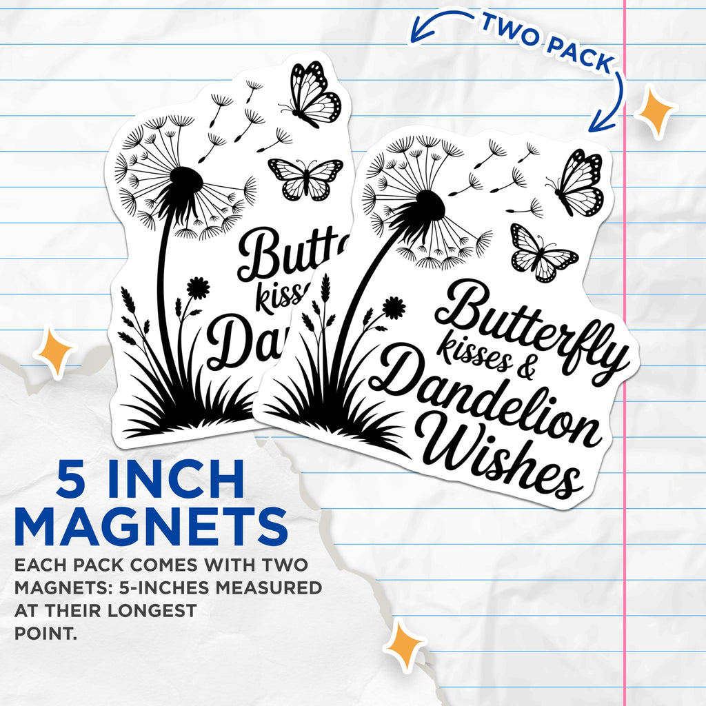 (2 Pack) Butterfly Kisses Dandelion Wishes Magnets - Inspirational Garden Decor - Whimsical Fridge Locker Art - 5 Inches On Longest Side - Thick Durable Magnet - Made in USA - MAG21400
