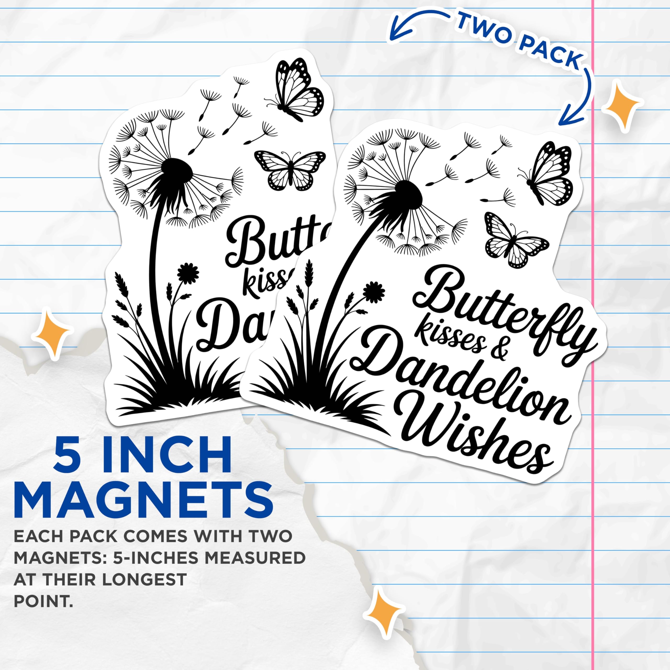 (2 Pack) Butterfly Kisses Dandelion Wishes Magnets - Inspirational Garden Decor - Whimsical Fridge Locker Art - 5 Inches On Longest Side - Thick Durable Magnet - Made in USA - MAG21400