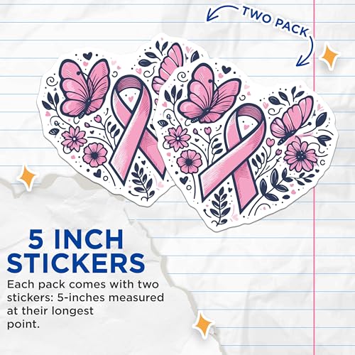 (2 Pack) Breast Cancer Awareness Stickers - Pink Ribbon Heart Stickers - Support Awareness Butterfly Stickers - 5" On Longest Side - Sticks to Smooth Flat Surfaces - Made in USA - BMCS5990