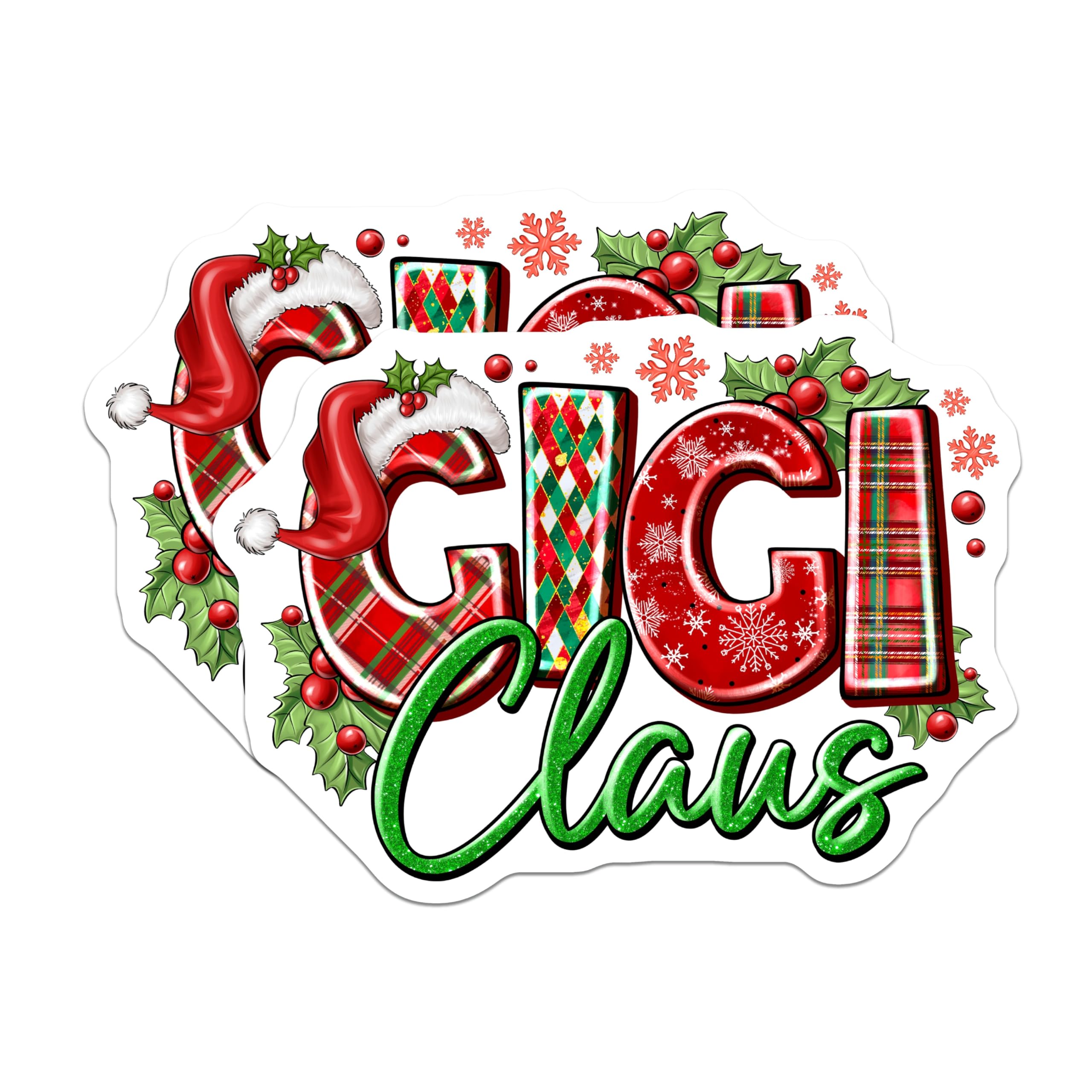 (2 Pack) Gigi Claus Magnets - Personalized Grandma Holiday Decor - Festive Plaid Santa Hat - Winter Refrigerator Magnets - 5 Inches On Longest Side - Thick Durable Magnet - Made in USA - MAG24039