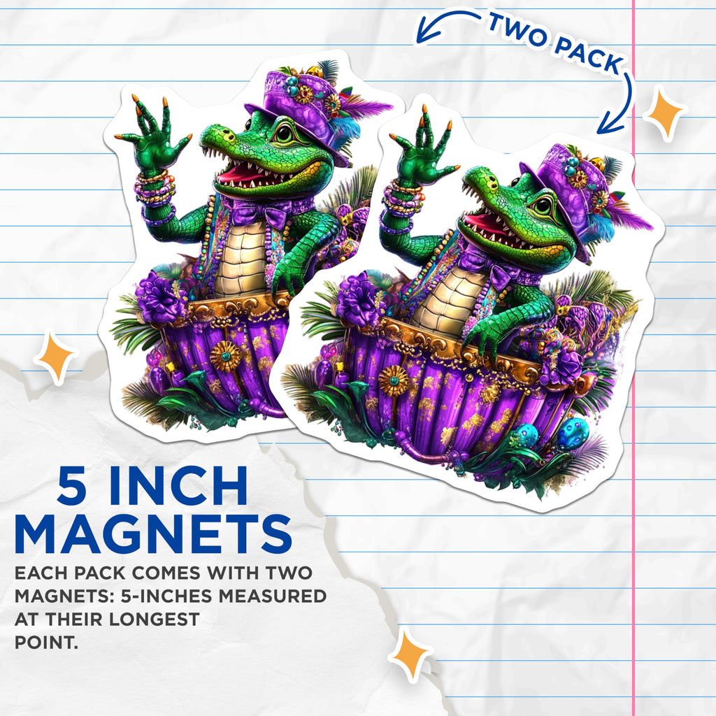(2 Pack) Mardi Gras Gator Magnets - Decorative Magnets - Fridge Magnets - 5" On Longest Side - Premium Magnet - for Cars, Refrigerators, Toolboxes, Lockers - Made in USA - MAG14347