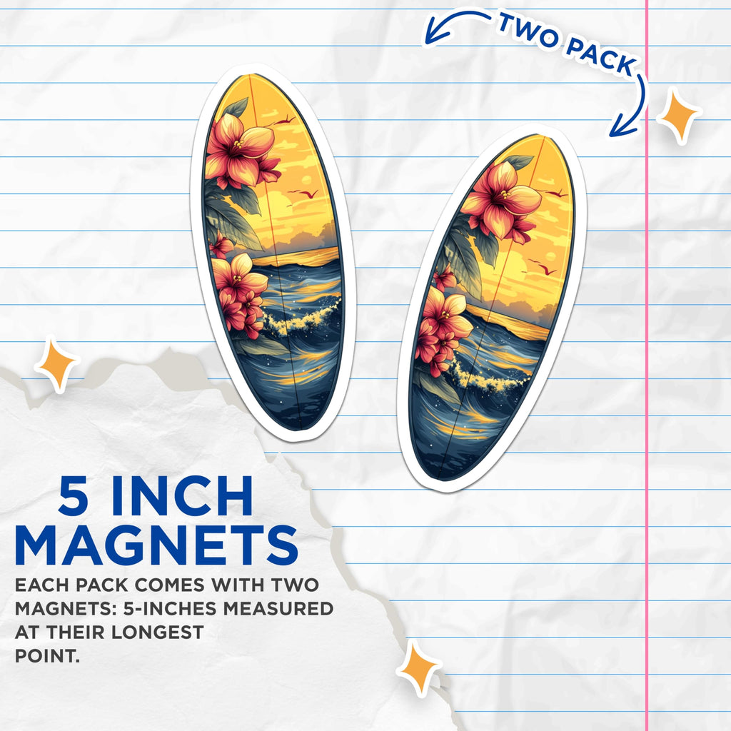 (2 Pack) Tropical Sunset Magnets - Hawaiian Floral Decor - Beach House Art - 5 Inches On Longest Side - Thick Durable Magnet - Made in USA - MAG29325