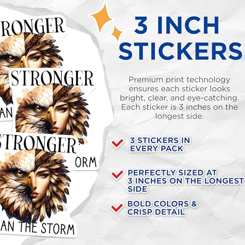 (3 Pack) Eagle Woman Decals - Stronger Than The Storm - Empowering Art - 3 Inches On Longest Side - Easy Peel & Apply - Made in USA - 3MCS8004
