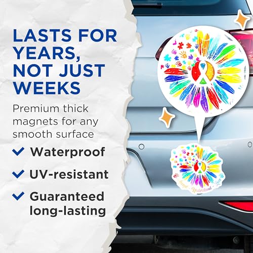 (2 Pack) Autism Awareness Ribbon Magnets - Colorful Feather Hand Print Magnets - Autism Acceptance Magnets - 5" On Longest Side - for Cars, Refrigerators, Toolboxes, Lockers - Made in USA BMCS3349