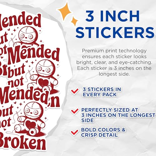 (3 Pack) Mended but Not Broken Decals - Voodoo Doll - Laptop Stickers - 3 Inches On Longest Side - Easy Peel & Apply - Made in USA - 3MCS1673