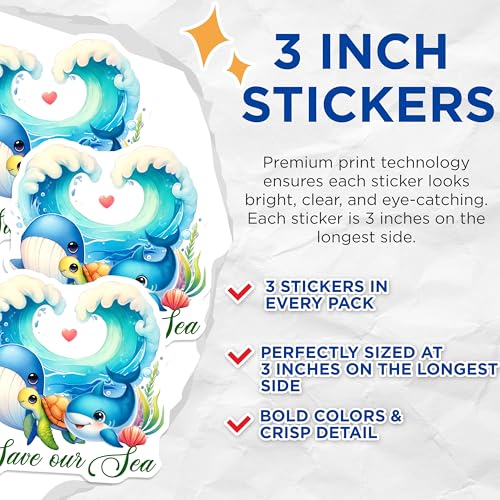 (3 Pack) Save Our Sea Decals - Ocean Animals - Sea Life Stickers - 3 Inches On Longest Side - Easy Peel & Apply - Made in USA - 3MCS6730