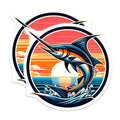 (2 Pack) Marlin Fishing Magnets - Retro Ocean Sunset Scene - Deep Sea Angler Decor - Coastal Beach Home - Marine Life Art - 5 Inches On Longest Side - Thick Durable Magnet - Made in USA - MAG36491