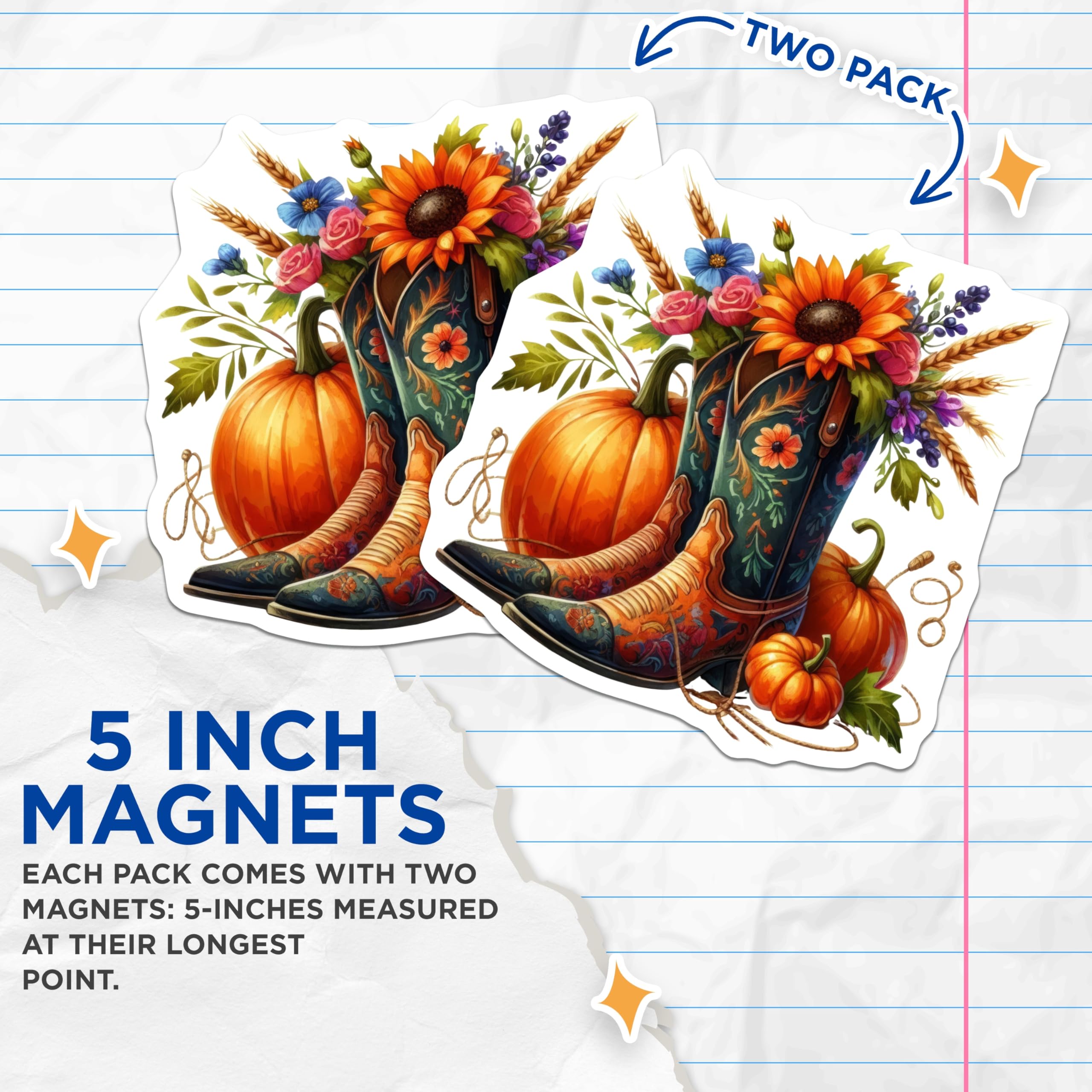 (2 Pack) Western Boots Magnets - Sunflower and Pumpkin - Fall Home Decor - 5" On Longest Side - Sticks to Smooth Flat Surfaces - Made in USA - MAG11181