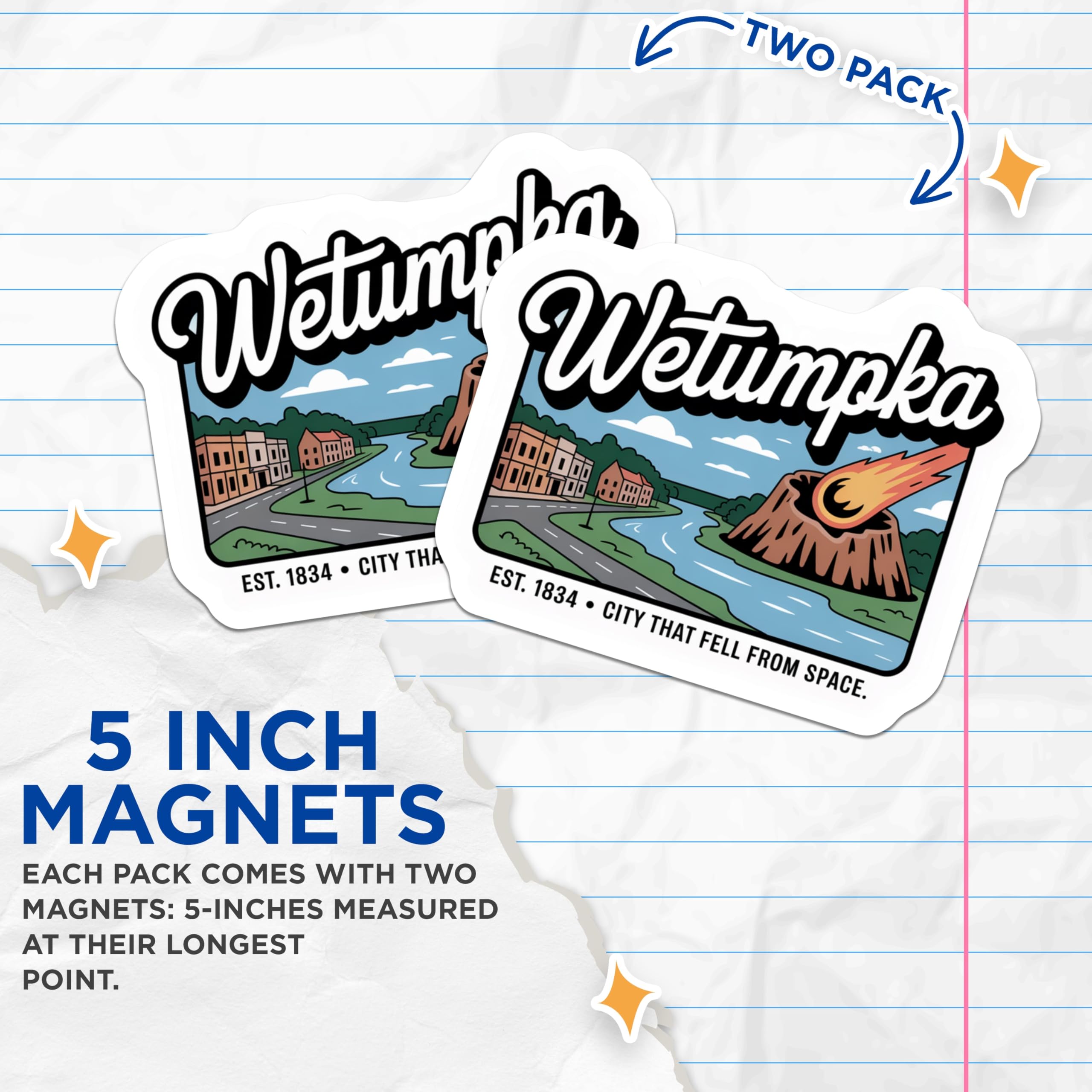 (2 Pack) Wetumpka Meteorite Crater Magnets - Alabama City that Fell from Space Art - Retro Style Travel Souvenir Decor - 5 Inches On Longest Side - Thick Durable Magnet - Made in USA - MAG19081