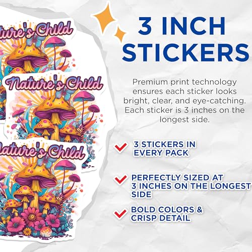 (3 Pack) Mushroom Garden Decals - Nature's Child Art - Psychedelic Stickers - 3 Inches On Longest Side - Easy Peel & Apply - Made in USA - 3MCS4916