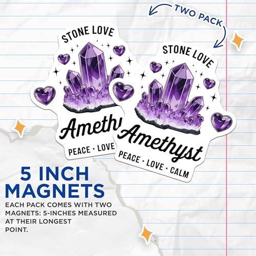 (2 Pack) Amethyst Peace Love Calm Magnets - Crystal Stone Fridge - Inspirational Decor for Home and Office - 5" On Longest Side - for Cars, Fridges, Toolboxes - Made in USA - MAG6595