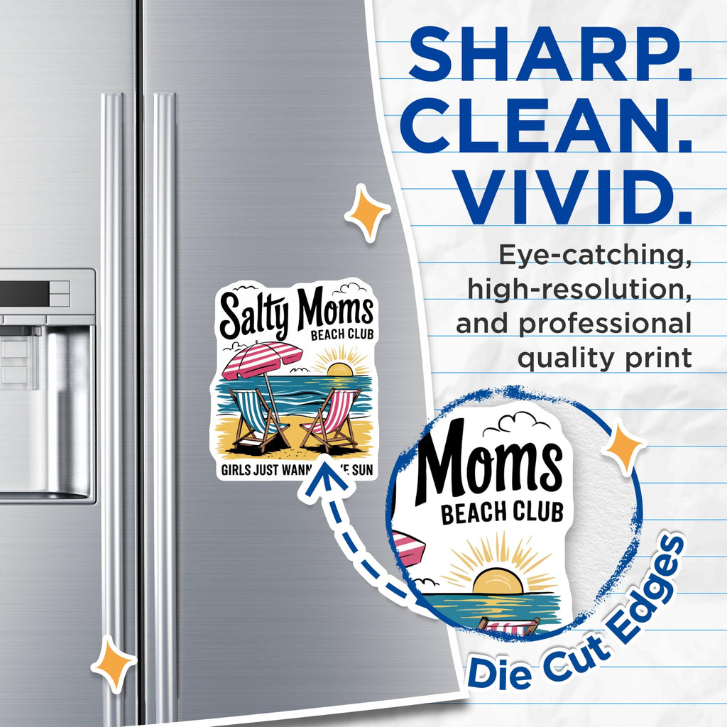 (2 Pack) Salty Moms Magnets - Beach Club Vacation Decor - Funny Mom Life Sayings - Girls Just Wanna Have Sun - 5 Inches On Longest Side - Thick Durable Magnet - Made in USA - MAG22124