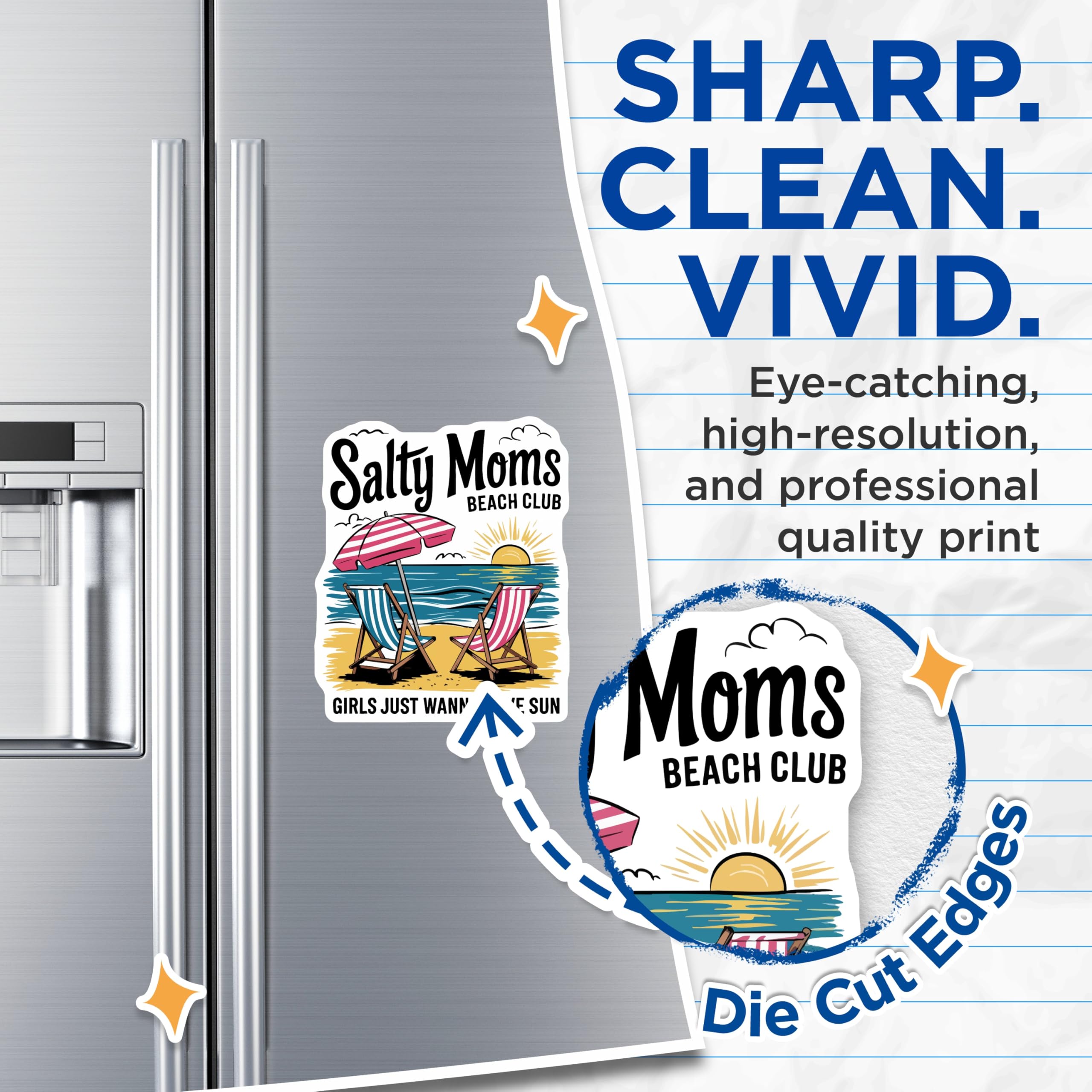 (2 Pack) Salty Moms Magnets - Beach Club Vacation Decor - Funny Mom Life Sayings - Girls Just Wanna Have Sun - 5 Inches On Longest Side - Thick Durable Magnet - Made in USA - MAG22124