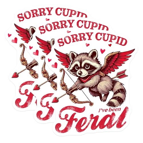 (3 Pack) Sorry Cupid Decals - Feral Raccoon - Anti Valentines Day - 3 Inches On Longest Side - Easy Peel & Apply - Made in USA - 3MCS2343