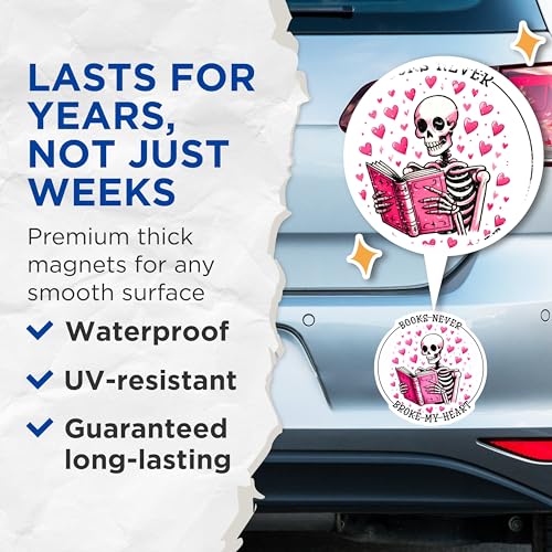 (2 Pack) Funny Skeleton Decor Magnet - Books Never Broke My Heart - 5" On Longest Side - Sticks to Smooth Flat Surfaces - Made in USA - MAG9775