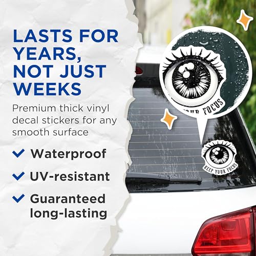 (2 Pack) Eye Illustration Stickers - Motivational Phrase - Black and White Design - 5" On Longest Side - Sticks to Smooth Flat Surfaces - Made in USA - BMCS8085
