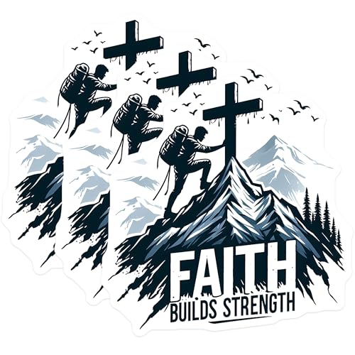 (3 Pack) Faith Builds Strength Decals - Christian Decal - Mountain Climbing Decal - 3 Inches On Longest Side - Easy Peel & Apply - Made in USA - 3MCS8408