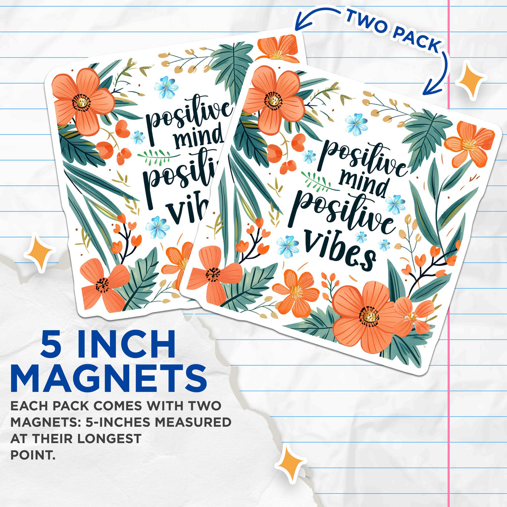 (2 Pack) Positive Mind Positive Vibes Magnets - Boho Floral Decor - Inspirational Quote - Botanical Refrigerator Magnet - 5 Inches On Longest Side - Thick Durable Magnet - Made in USA - MAG37008