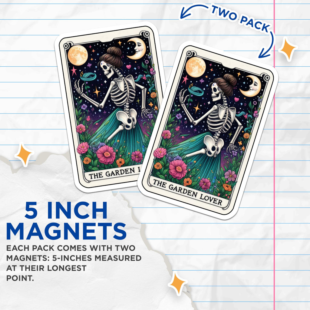 (2 Pack) Garden Lover Skeleton Magnets - Botanical Witchy Art - Celestial Skull Decor - 5 Inches On Longest Side - Thick Durable Magnet - Made in USA - MAG21562