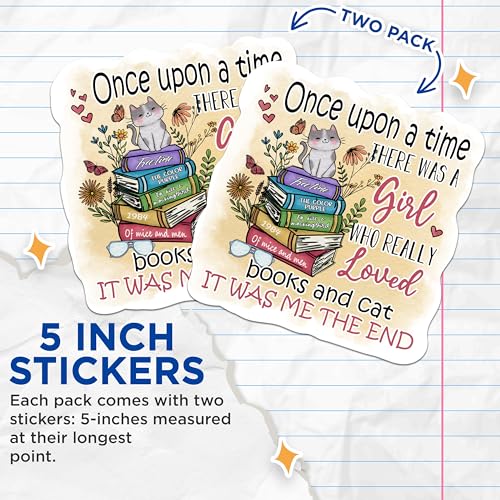 (2 Pack) Girl Loved Books and Cat Stickers - Inspirational Book Lover Stickers - Cute Cat Reading Stickers - 5" On Longest Side - Sticks to Any Smooth Flat Surface - Made in USA - BMCS3021