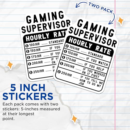 (2 Pack) Gaming Supervisor Hourly Rate Stickers - Gamer Humor Stickers - Gaming Rate Decal for Gamers - 5" On Longest Side - Sticks to Smooth Flat Surfaces - Made in USA - BMCS4966