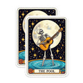 (2 Pack) Skeleton Playing Guitar Stickers - The Pool Tarot Card Stickers - Moon and Stars Skeleton Illustration Stickers - 5" On Longest Side - Sticks to Smooth Flat Surfaces - Made in USA - BMCS5482