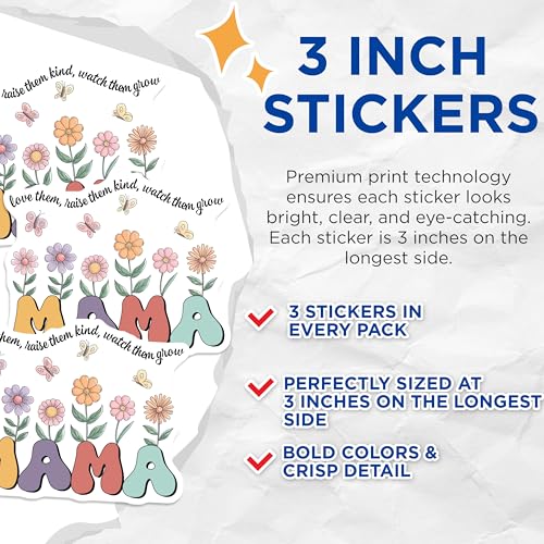 (3 Pack) Mama Flower Decals - Love Them Raise Them - Kind Butterfly Stickers - 3 Inches On Longest Side - Easy Peel & Apply - Made in USA - 3MCS6477